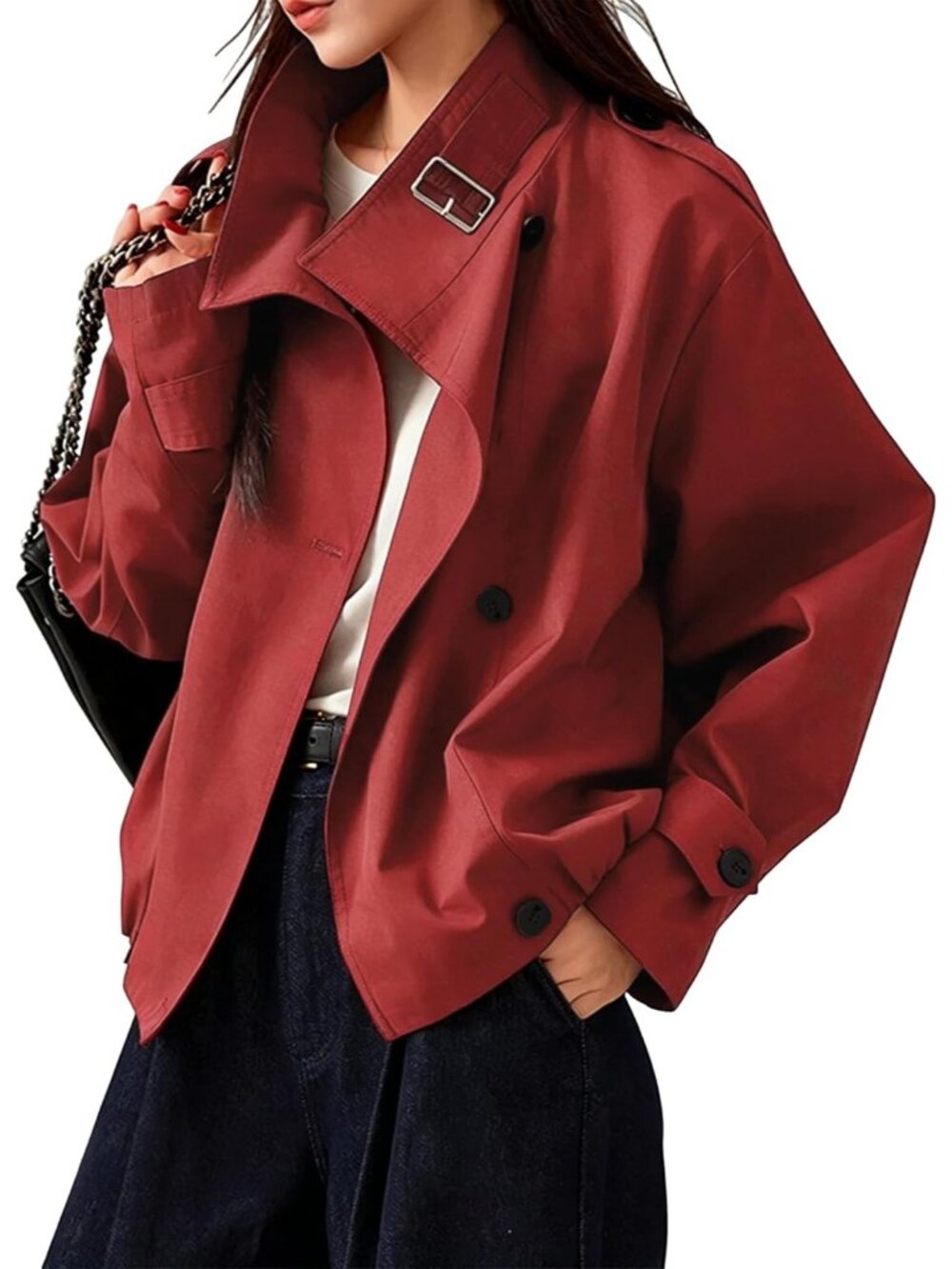 Women’s Red Funnel Neck Vintage Cropped Jacket Elastic Hem Trench Coat